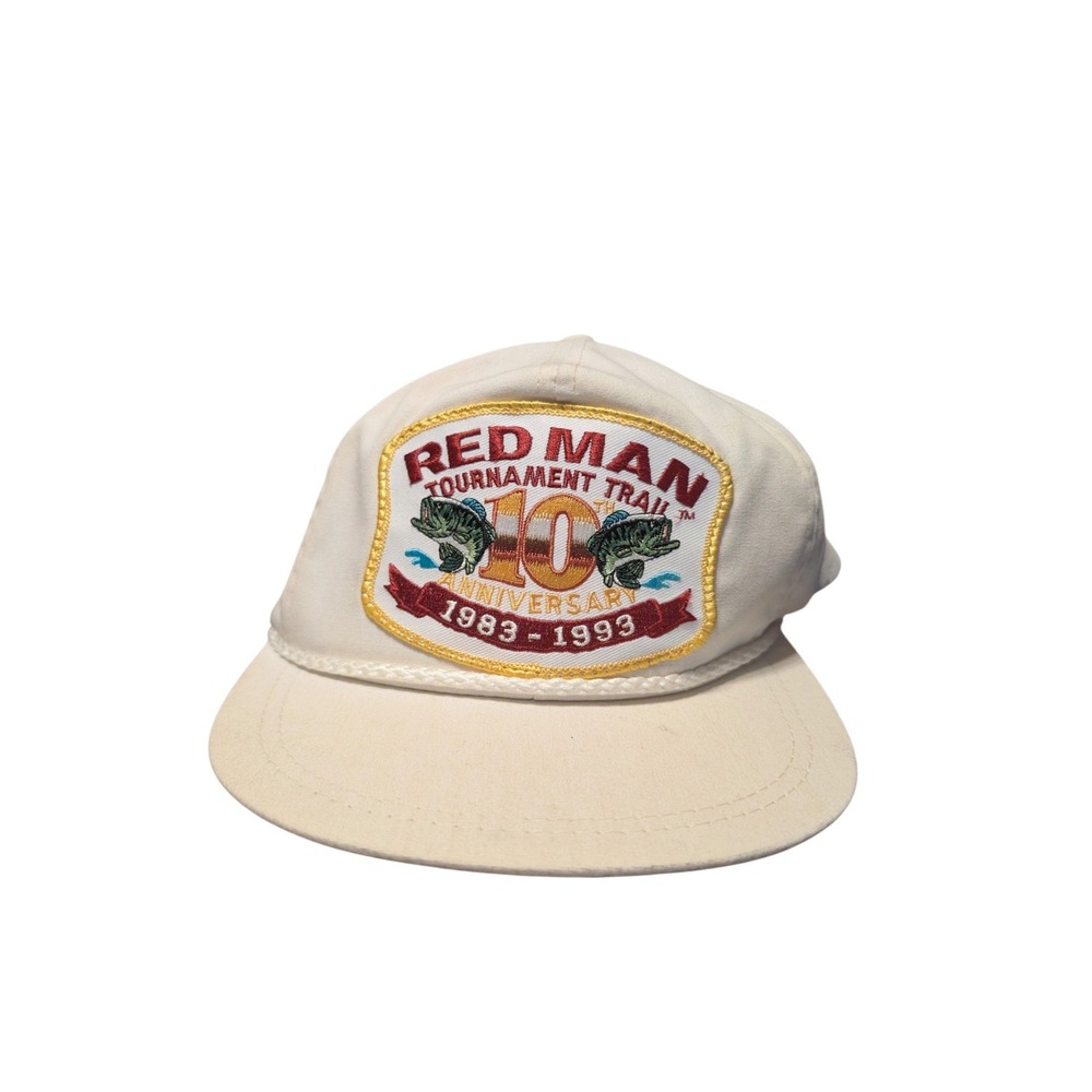 Vintage Red Man Tournament Trail 10th Anniversary Rope Hat K-Products USA Cream